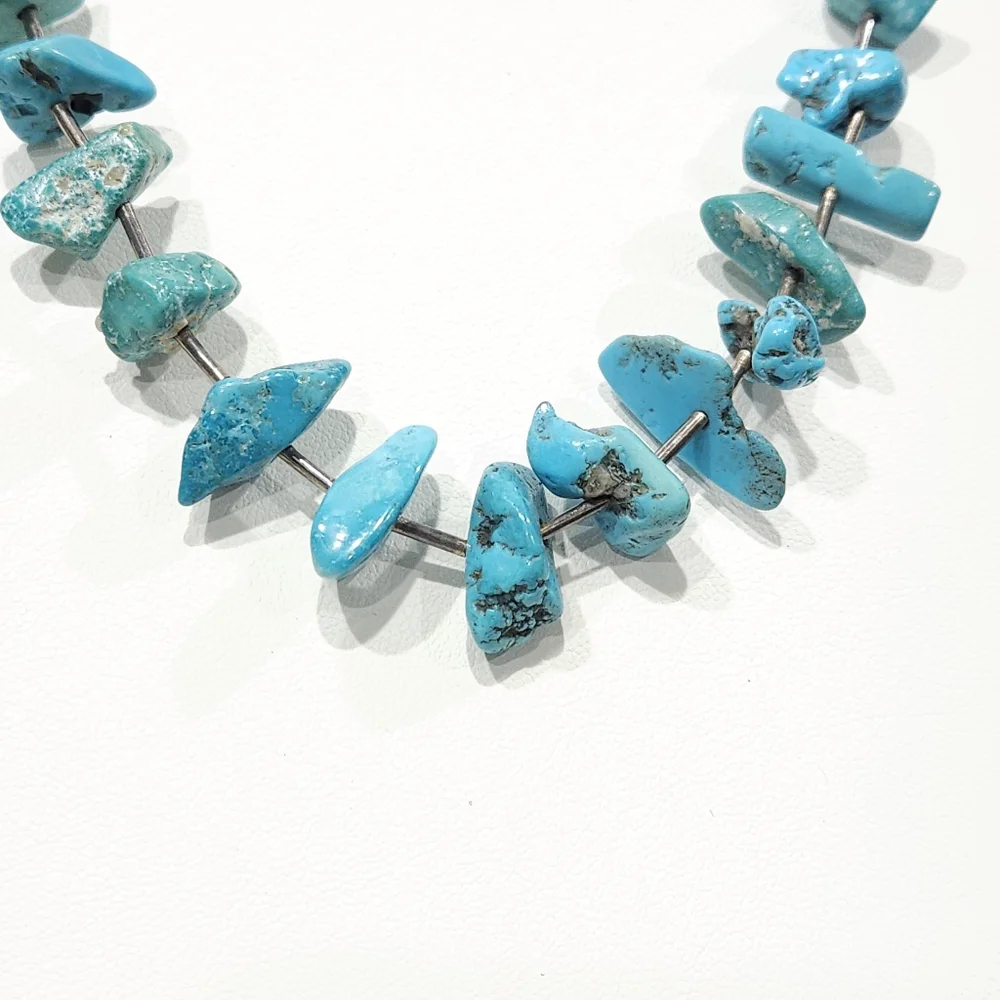 Vintage Southwestern Turquoise Nuggets Sterling Silver Heishi Bead Necklace